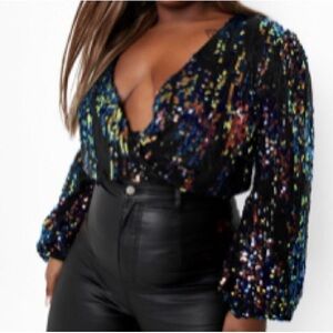 Boohoo Premium Black Sequin Bodysuit